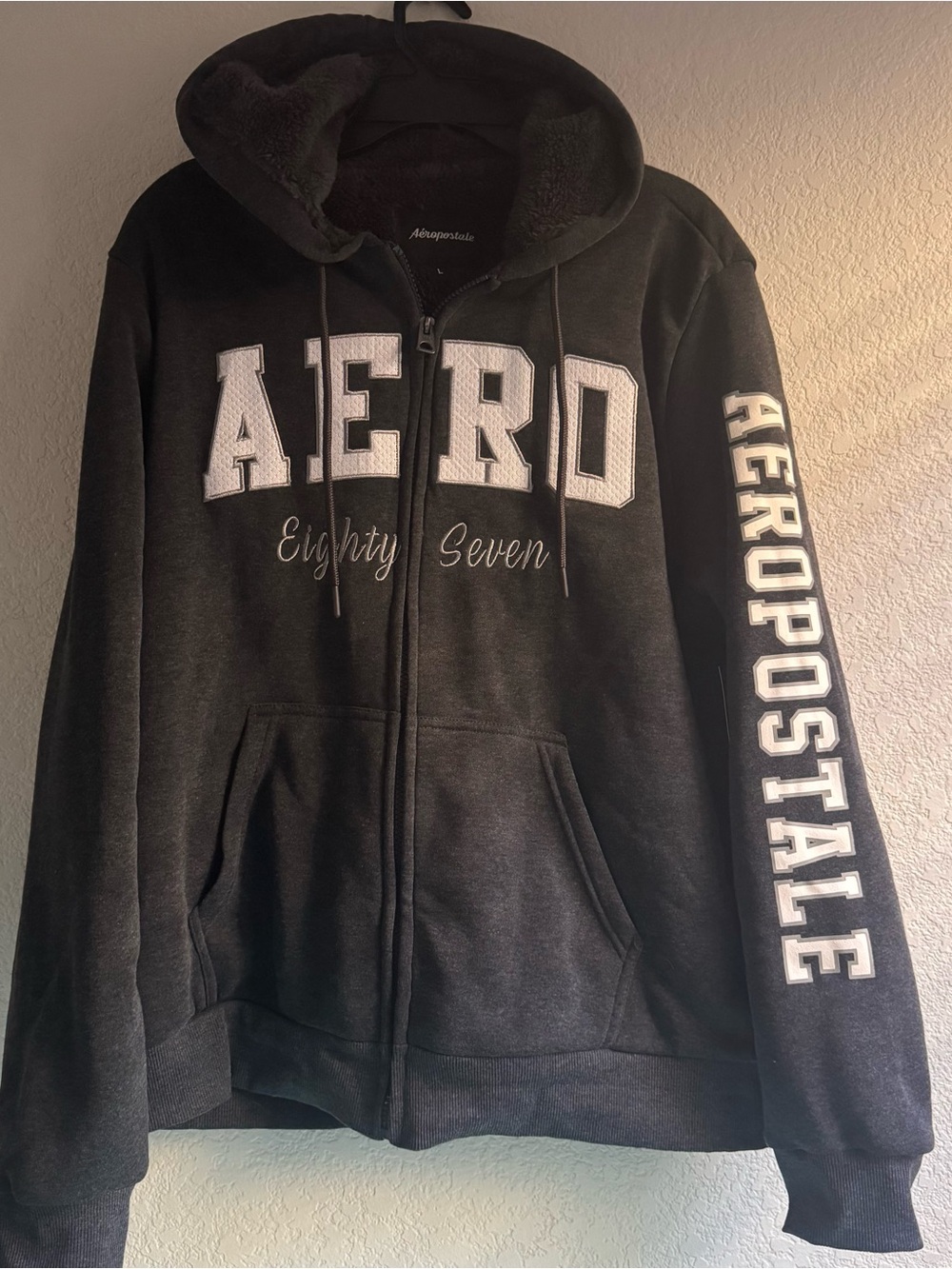 Aeropostale Dark Grey Zip-Up Hoodie with White Logo Text soft Sherpa lining L